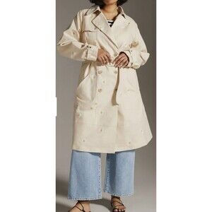 NWT MAEVE Anthropologie Daisy Floral Trench Coat Beige Belted Embroidered 00